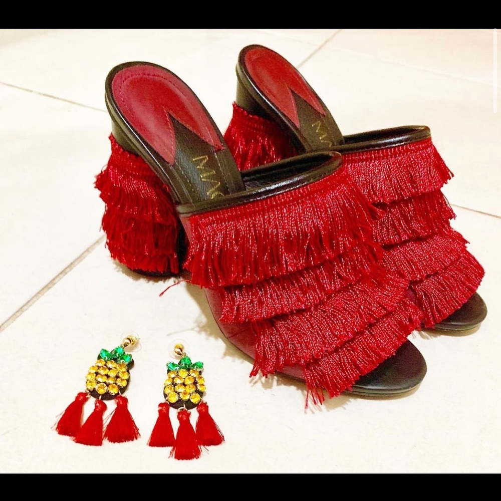 Red fringe heels mules